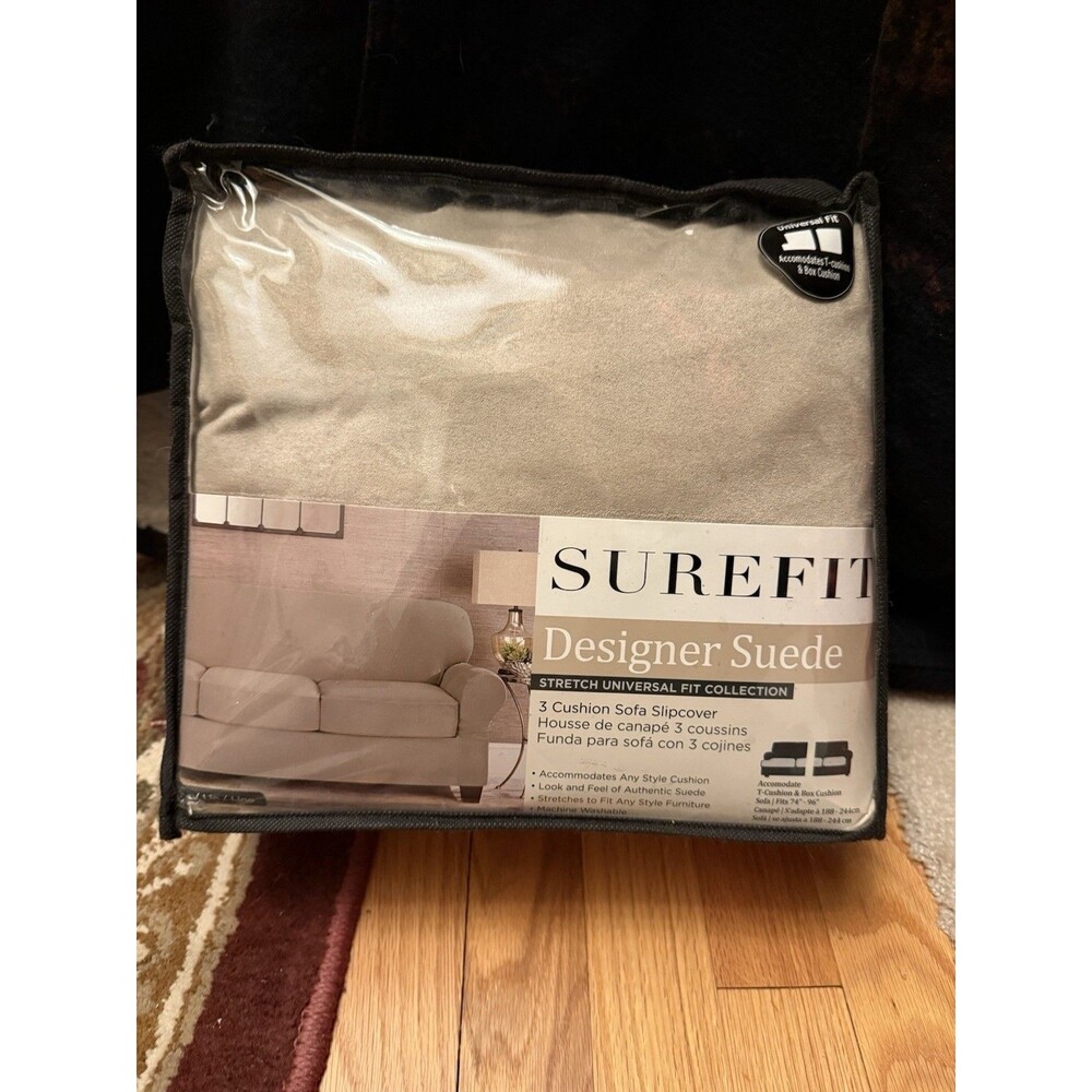 SURE FIT Designer Suede 3 Pc SOFA SLIP COVER Fits 74”-96” Universal Fit Tan NEW